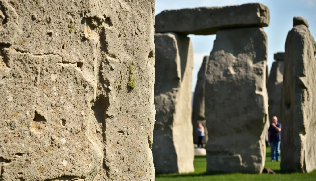 Close-up view of Stonehenge stones showing their texture and scale with people for perspective