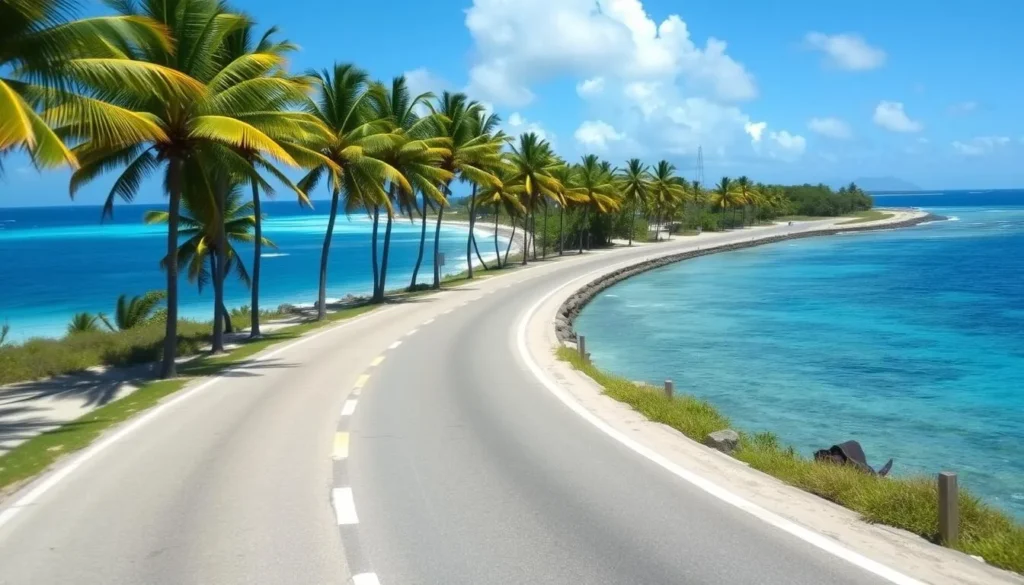 Coastal road circling Nauru with ocean views and palm trees Coastal road circling Nauru with ocean views and palm trees