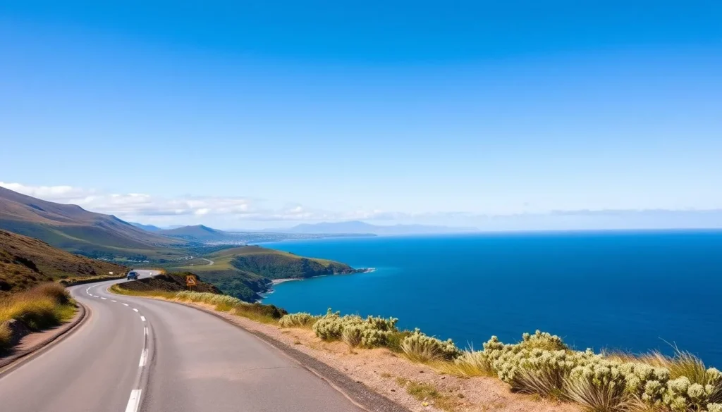 Coastal road on the Isle of Arran with mountains and sea views Coastal road on the Isle of Arran with mountains and sea views
