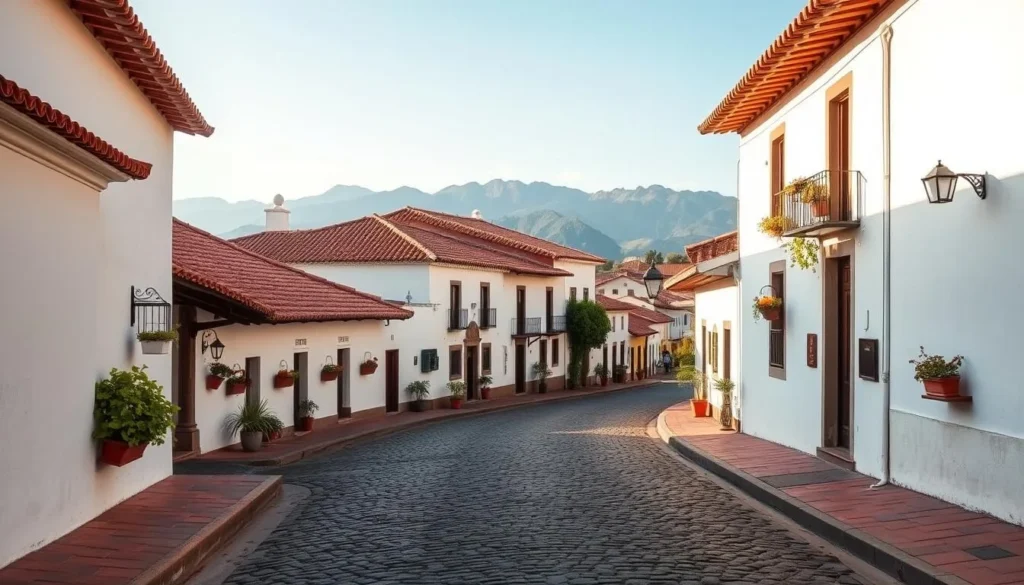 Cobblestone street in Barichara with white colonial buildings and red tile roofs Cobblestone street in Barichara with white colonial buildings and red tile roofs