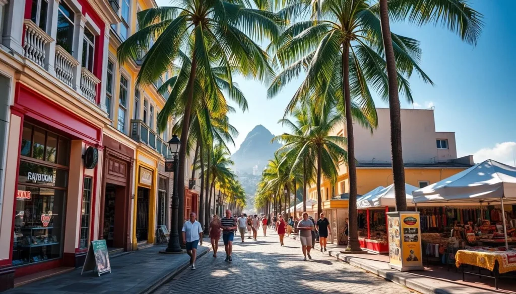 Cobblestone streets of Copacabana, Rio de Janeiro, on a sunny afternoon. Vibrant storefronts line the sidewalks, their colorful facades reflected in the windows. Pedestrians stroll leisurely, browsing outdoor markets and kiosks selling local handicrafts. Lush palm trees sway gently, casting dappled shadows on the scene. In the distance, the iconic Sugarloaf Mountain looms, its silhouette hazy in the warm, coastal air. Capture the lively, authentic atmosphere of exploring Copacabana's charming interior streets.