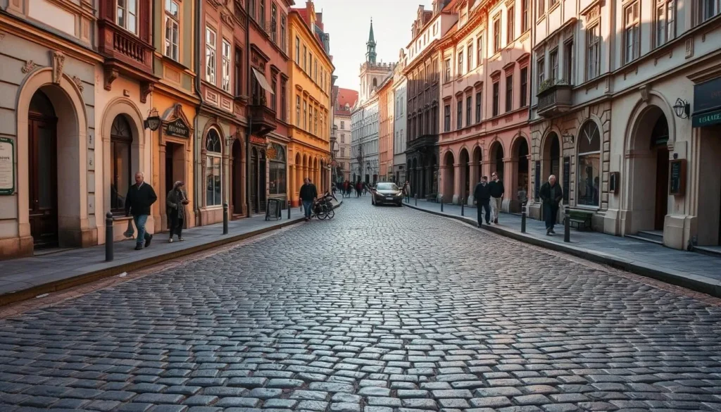 Cobblestone streets of Prague's historic city center, bathed in warm, golden afternoon light. Intricate patterns of gray and brown stones underfoot, worn smooth by centuries of footsteps. Quaint, colorful buildings line the narrow lanes, their facades adorned with ornate architectural details. Pedestrians stroll leisurely, taking in the charming ambiance. A sense of timeless, old-world elegance permeates the scene, inviting the viewer to imagine stepping back in time. Capture this picturesque slice of Prague's hidden gems with a wide-angle, high-resolution lens to showcase the depth and character of the setting.