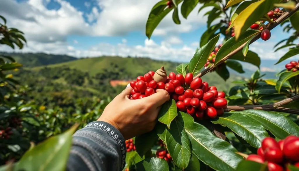 Coffee plantation worker carefully harvesting ripe coffee beans in Colombia's Coffee Triangle, one of the best things to do in Colombia for coffee lovers Coffee plantation worker carefully harvesting ripe coffee beans in Colombia's Coffee Triangle, one of the best things to do in Colombia for coffee lovers