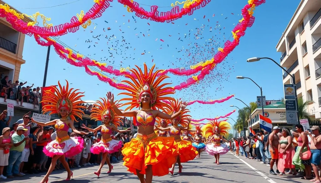 Colorful Carnival parade in Barranquilla with dancers in elaborate costumes performing in the street Colorful Carnival parade in Barranquilla with dancers in elaborate costumes performing in the street