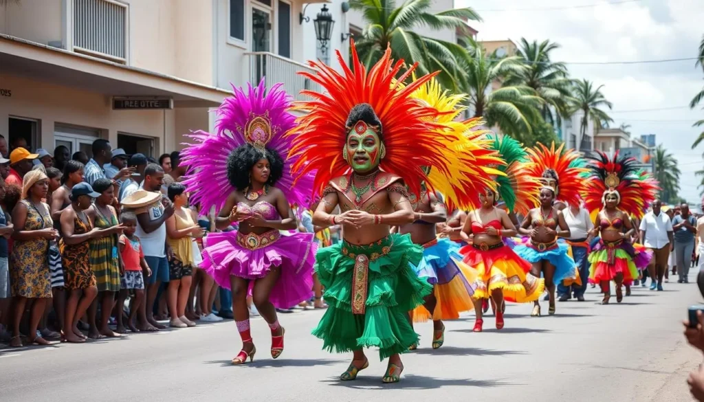 Colorful Carnival parade in Cayenne with dancers in elaborate costumes Colorful Carnival parade in Cayenne with dancers in elaborate costumes