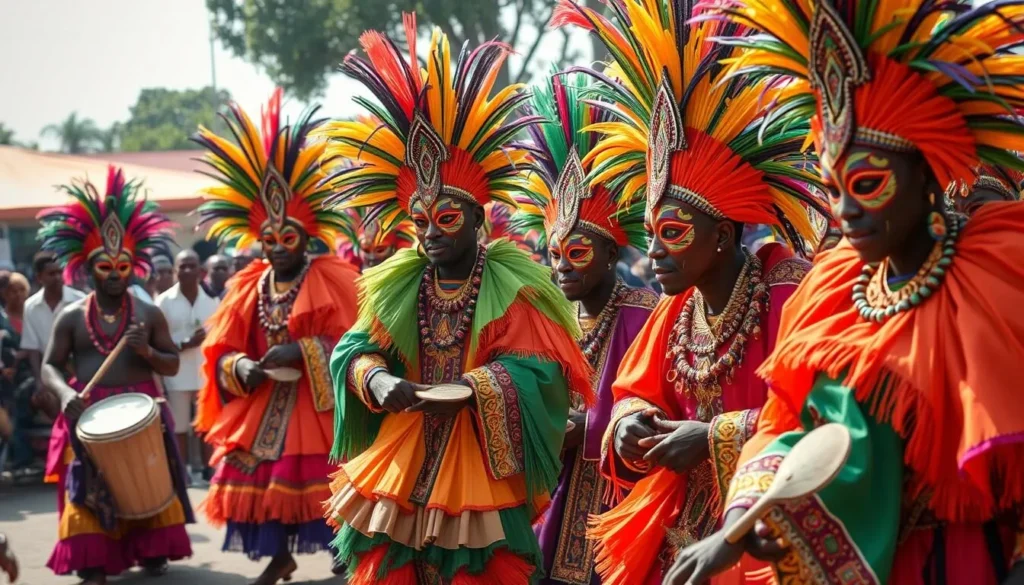 Colorful Egungun masquerade performers in elaborate costumes during a traditional Yoruba festival Colorful Egungun masquerade performers in elaborate costumes during a traditional Yoruba festival