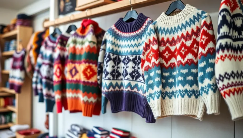 Colorful Fair Isle knitwear patterns displayed in a Shetland craft shop