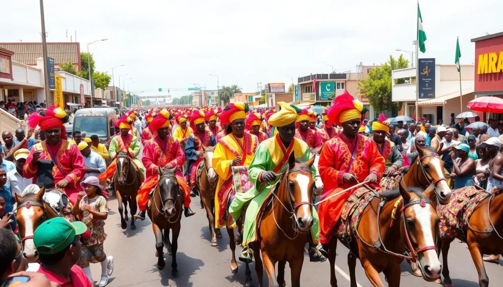 Colorful Ilorin Grand Durbar festival in Nigeria with horsemen in traditional attire parading through the city Colorful Ilorin Grand Durbar festival in Nigeria with horsemen in traditional attire parading through the city