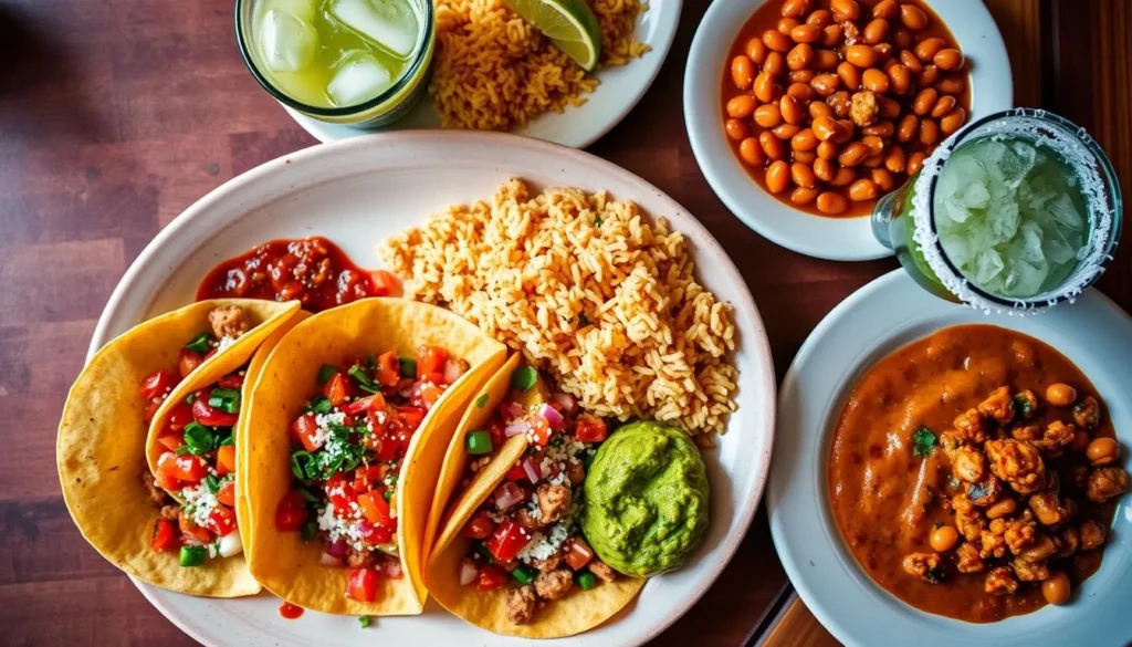 Colorful Mexican food platter with tacos and margaritas at La Tonalteca