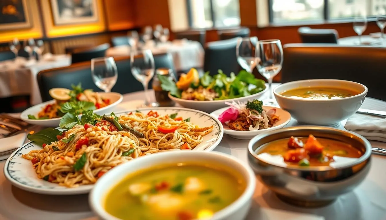 Colorful Thai dishes including Pad Thai, Tom Yum soup, and green curry served at an acclaimed Thai restaurant in Washington DC