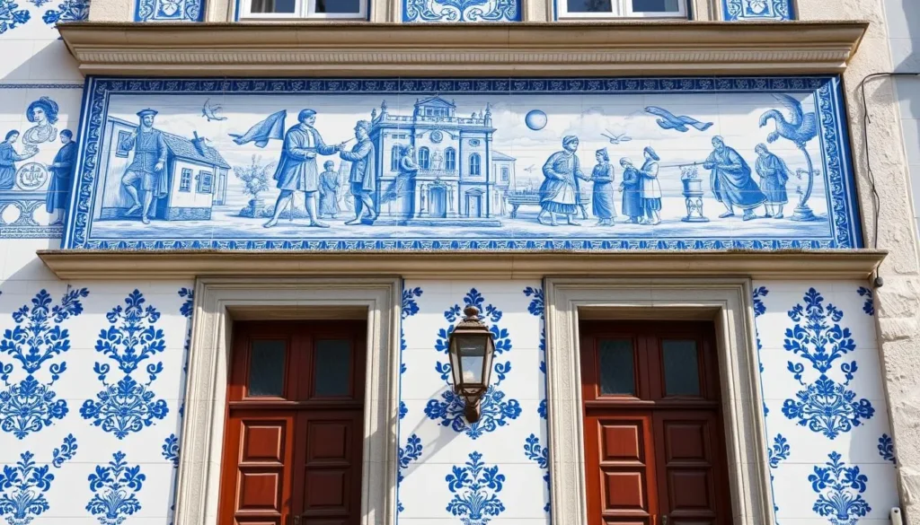 Colorful azulejo tiles depicting historical scenes on a building facade in Portugal