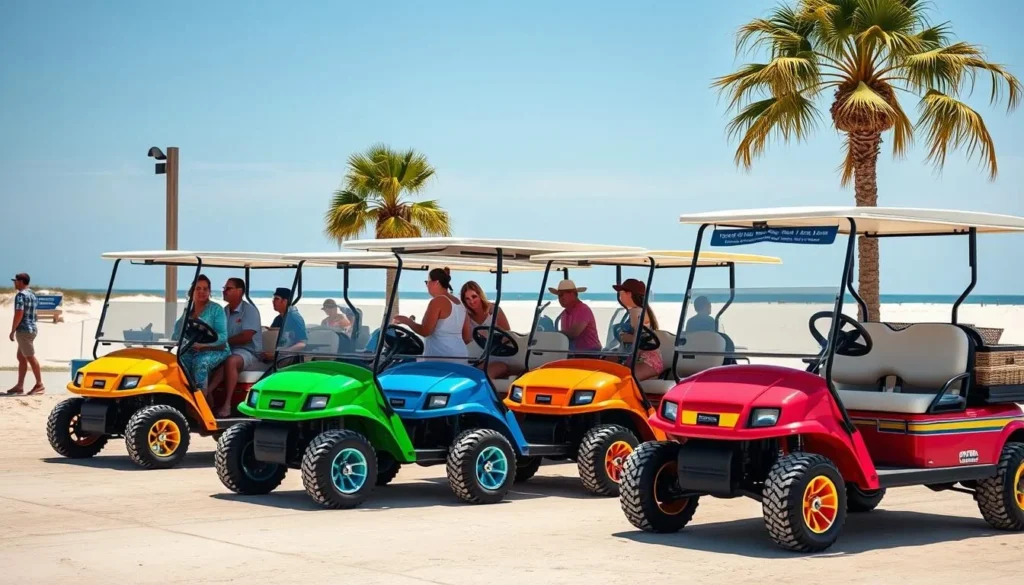 Colorful beach-ready golf carts parked near the beach entrance on Mustang Island with people loading beach gear