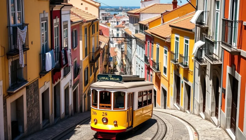 Colorful buildings and narrow streets of Alfama district in Lisbon with traditional yellow tram