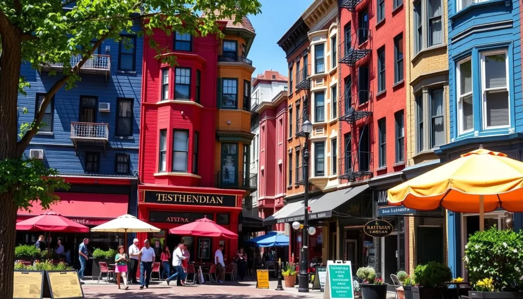 Colorful buildings and restaurants in Adams Morgan neighborhood of Washington DC Colorful buildings and restaurants in Adams Morgan neighborhood of Washington DC