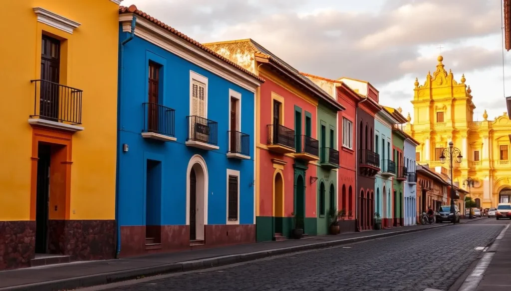 Colorful colonial buildings along a street in Granada, Nicaragua with the cathedral visible in the background