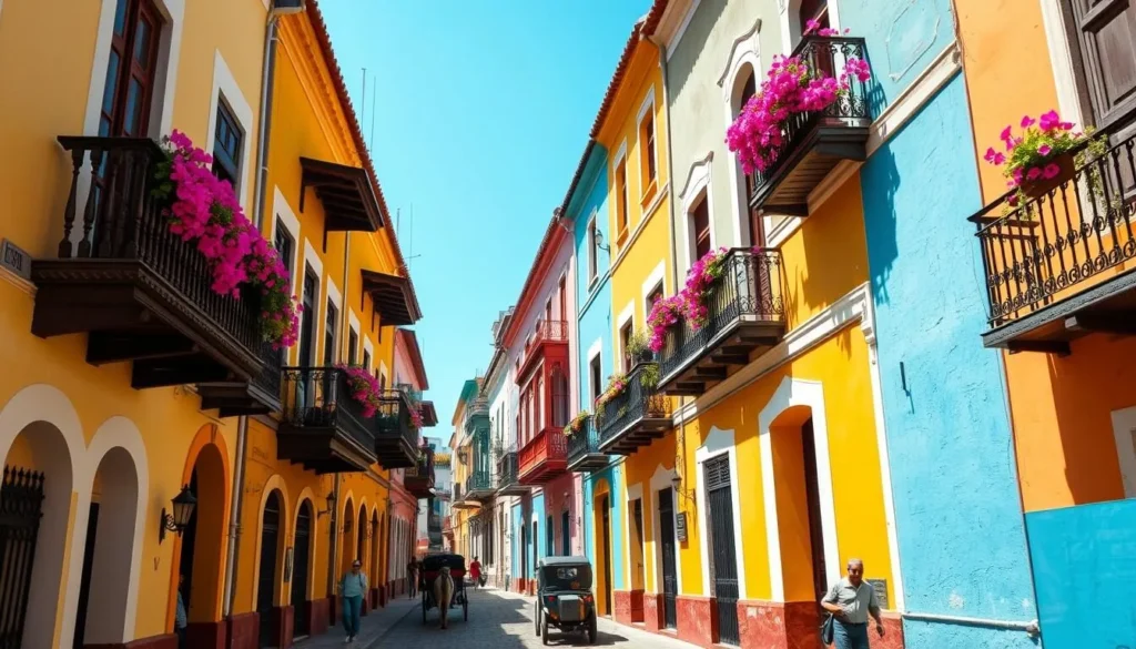 Colorful colonial buildings in Cartagena's old town with flower-covered balconies Colorful colonial buildings in Cartagena's old town with flower-covered balconies