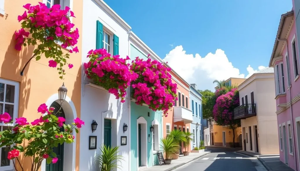 Colorful colonial buildings in Dunmore Town Harbour Island Bahamas