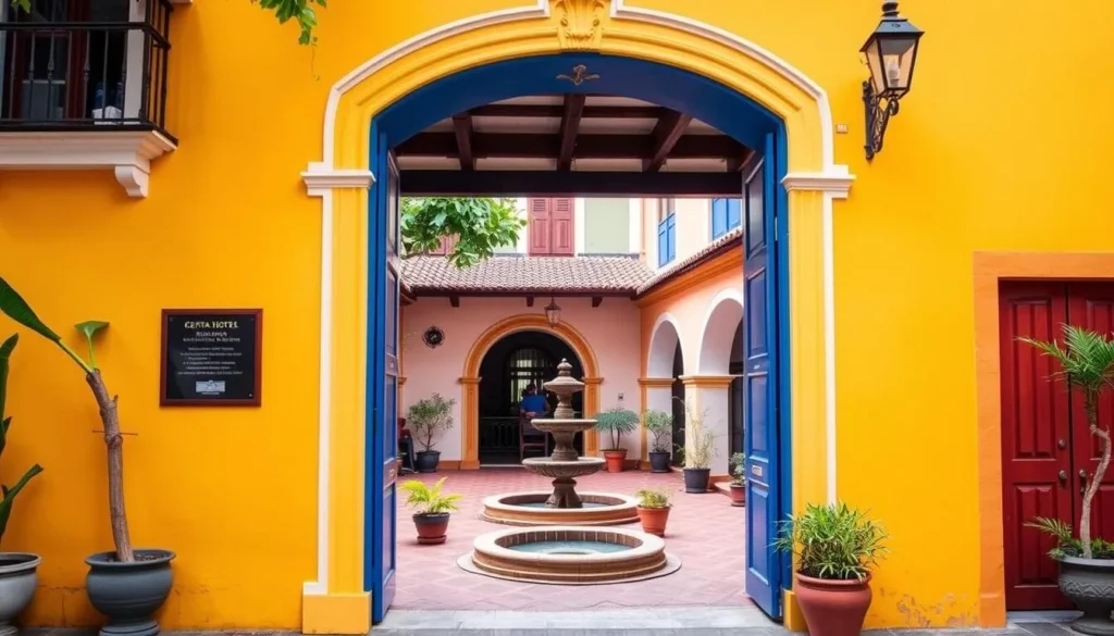 Colorful colonial-style boutique hotel in Granada, Nicaragua with interior courtyard and fountain