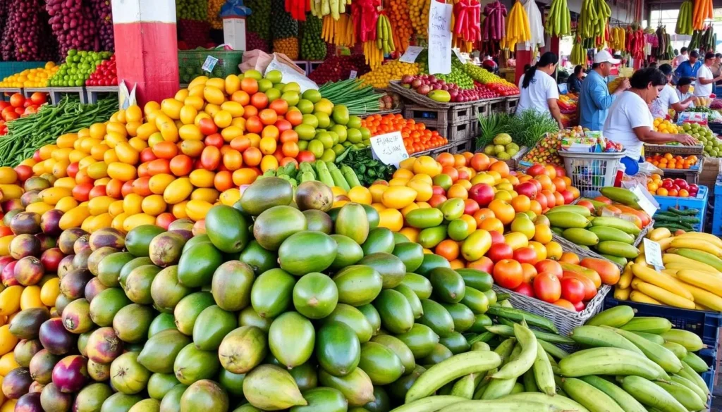 Colorful display of fresh fruits and vegetables at the Central Market in Bucaramanga Colorful display of fresh fruits and vegetables at the Central Market in Bucaramanga