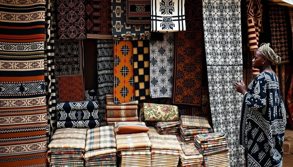 Colorful display of traditional bogolan (mud cloth) textiles at Ségou market