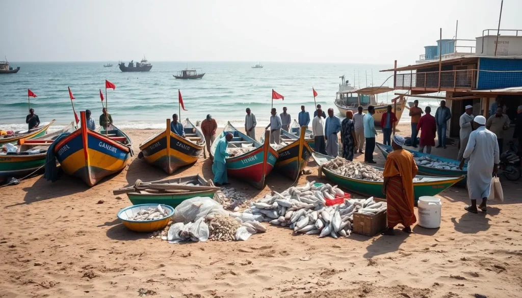 Colorful fishing boats and bustling activity at Nouakchott's fish market Colorful fishing boats and bustling activity at Nouakchott's fish market