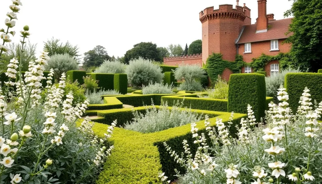 Colorful flower borders and garden rooms at Sissinghurst Castle Garden with the tower in background Colorful flower borders and garden rooms at Sissinghurst Castle Garden with the tower in background