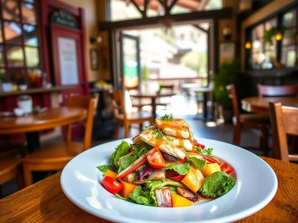 Colorful, fresh dish from Adam's Mountain Café with outdoor patio seating visible