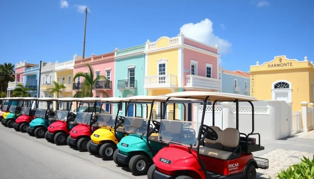 Colorful golf carts parked along Dunmore Town street on Harbour Island Bahamas