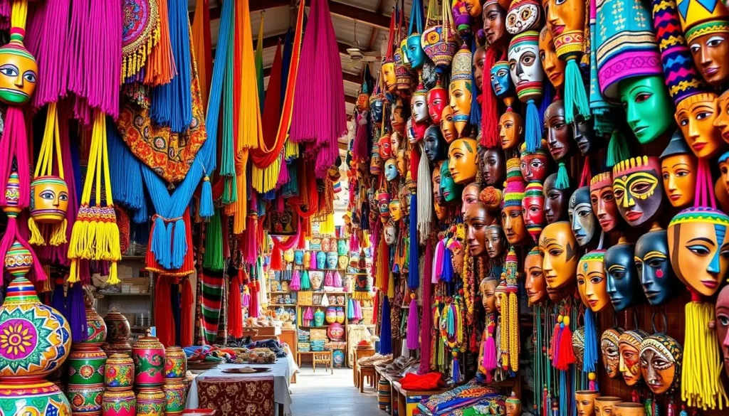 Colorful handicrafts and textiles displayed at Masaya Artisan Market in Nicaragua