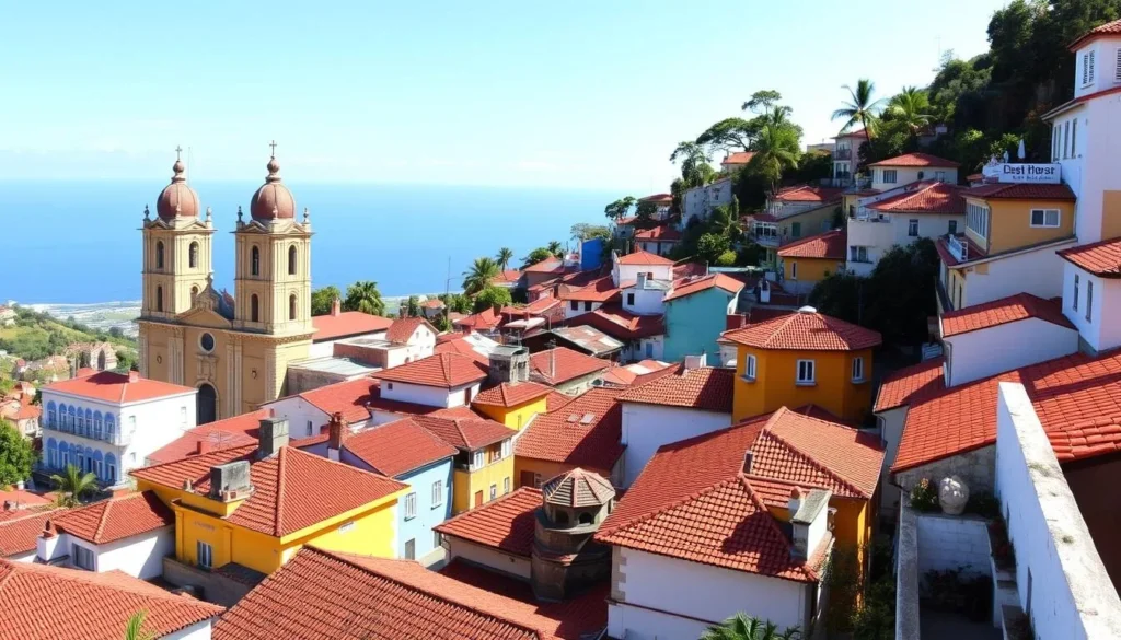 Colorful historic buildings on the hillside of Olinda with churches and ocean view