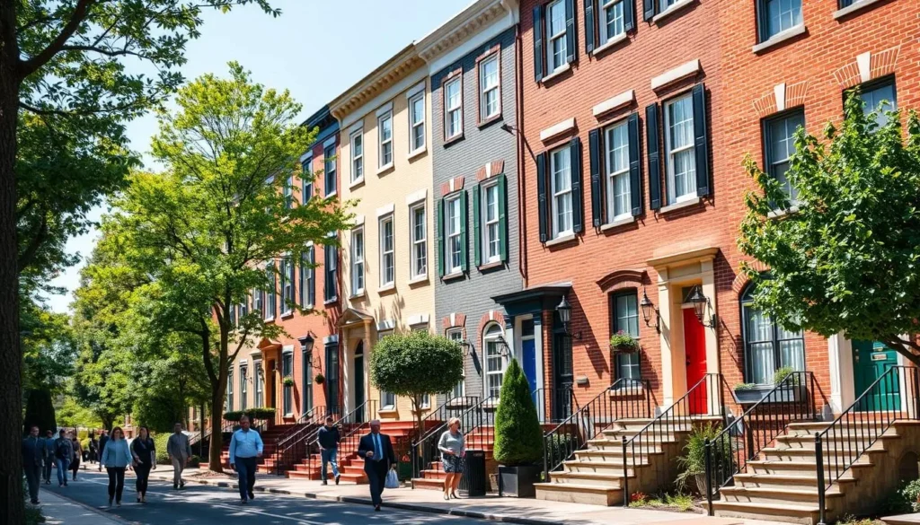 Colorful historic rowhouses in a Washington DC neighborhood with people walking on the sidewalk