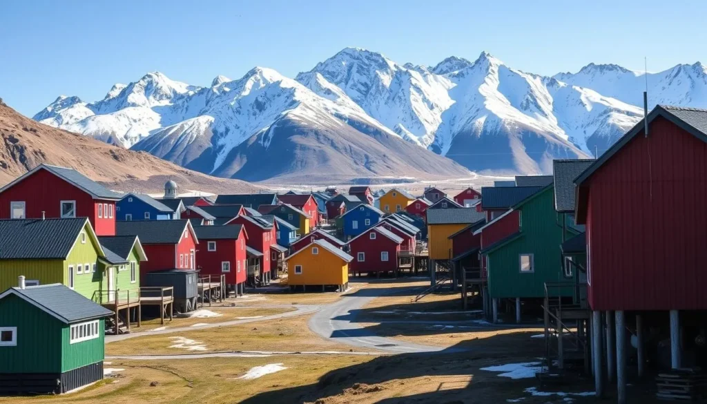 Colorful houses of Longyearbyen with mountain backdrop, accommodation for Svalbard and Jan Mayen things to do Colorful houses of Longyearbyen with mountain backdrop, accommodation for Svalbard and Jan Mayen things to do