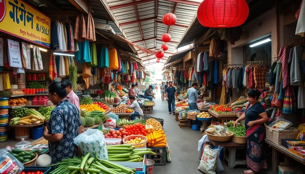 Colorful local market in Myanmar with vendors selling fresh produce and traditional goods Colorful local market in Myanmar with vendors selling fresh produce and traditional goods