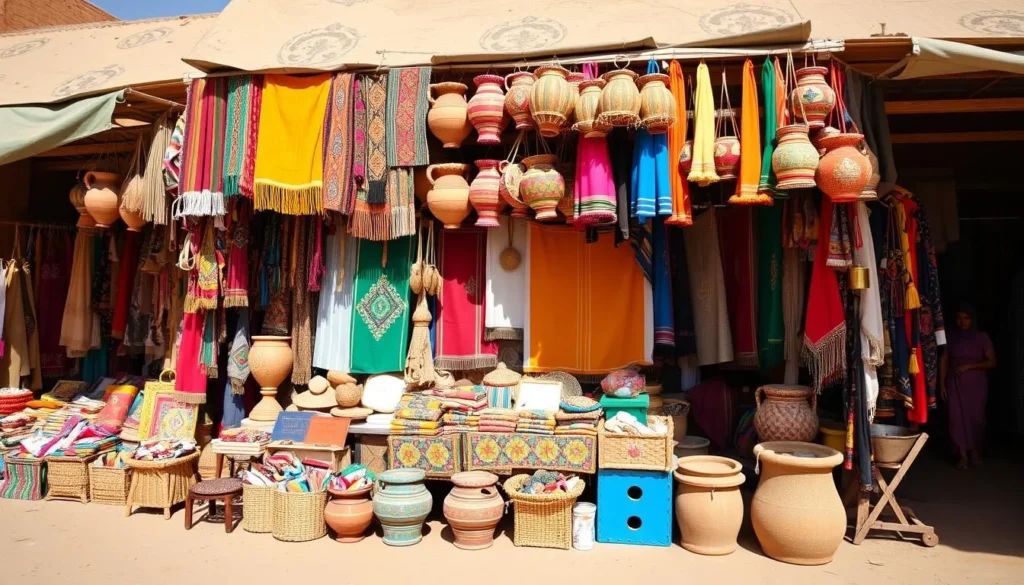 Colorful market stall in Laayoune selling traditional Sahrawi crafts and textiles Colorful market stall in Laayoune selling traditional Sahrawi crafts and textiles