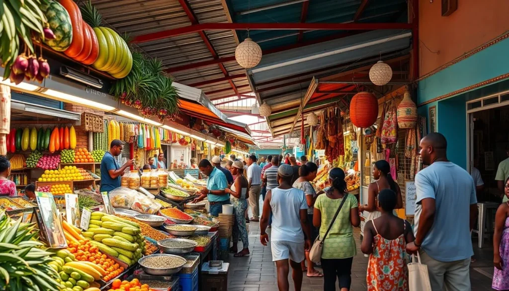Colorful market stalls at Place Victor Schoelcher in Cayenne with tropical fruits and spices Colorful market stalls at Place Victor Schoelcher in Cayenne with tropical fruits and spices
