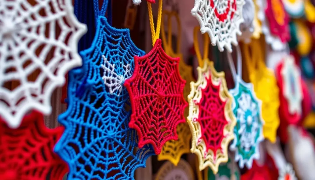 Colorful ñandutí lace handicrafts from Paraguay displayed at a market Colorful ñandutí lace handicrafts from Paraguay displayed at a market