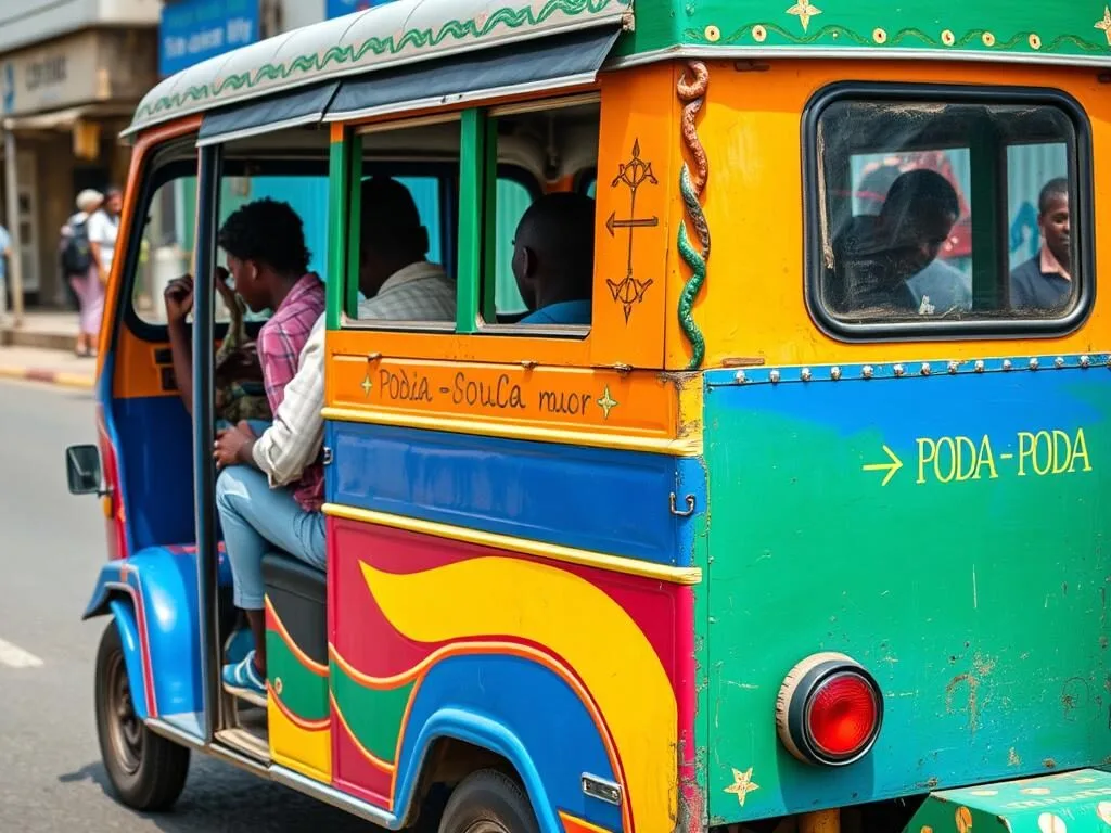 Colorful poda-poda minibus transport in Freetown, Sierra Leone with passengers boarding Colorful poda-poda minibus transport in Freetown, Sierra Leone with passengers boarding