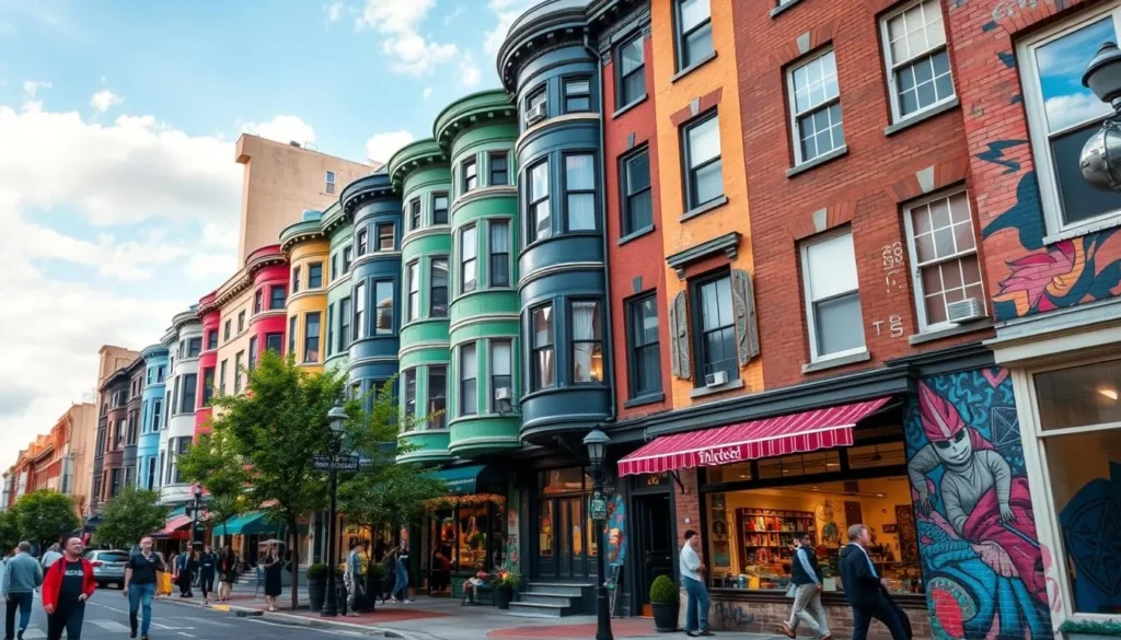 Colorful row houses and street art in the vibrant U Street neighborhood of Washington DC