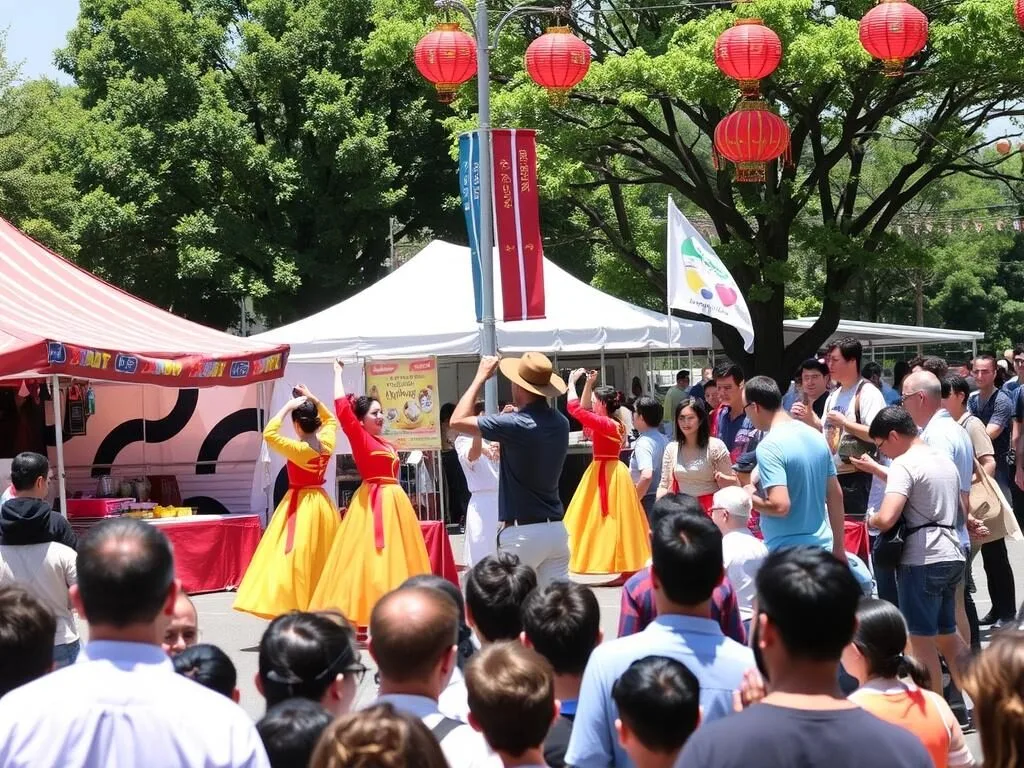 Colorful scene from the annual Korean Festival DC with traditional performances and food stalls