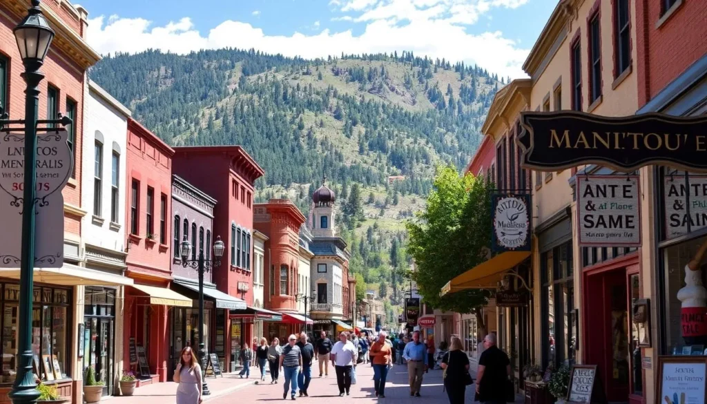 Colorful shops and galleries along Manitou Avenue with pedestrians browsing