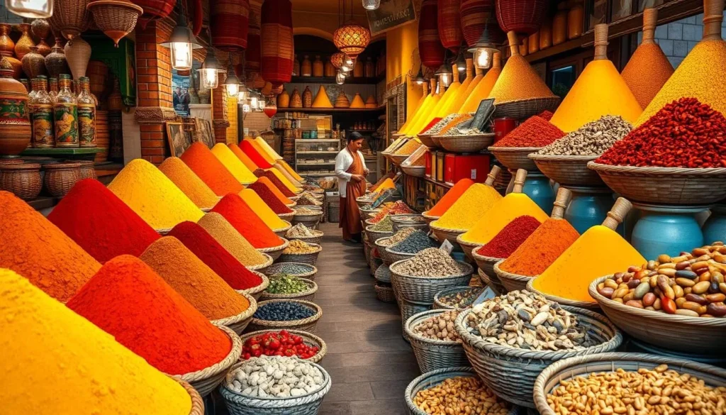 Colorful spice market in Marrakech with pyramids of vibrant spices, a must-visit when exploring Morocco's best things to do