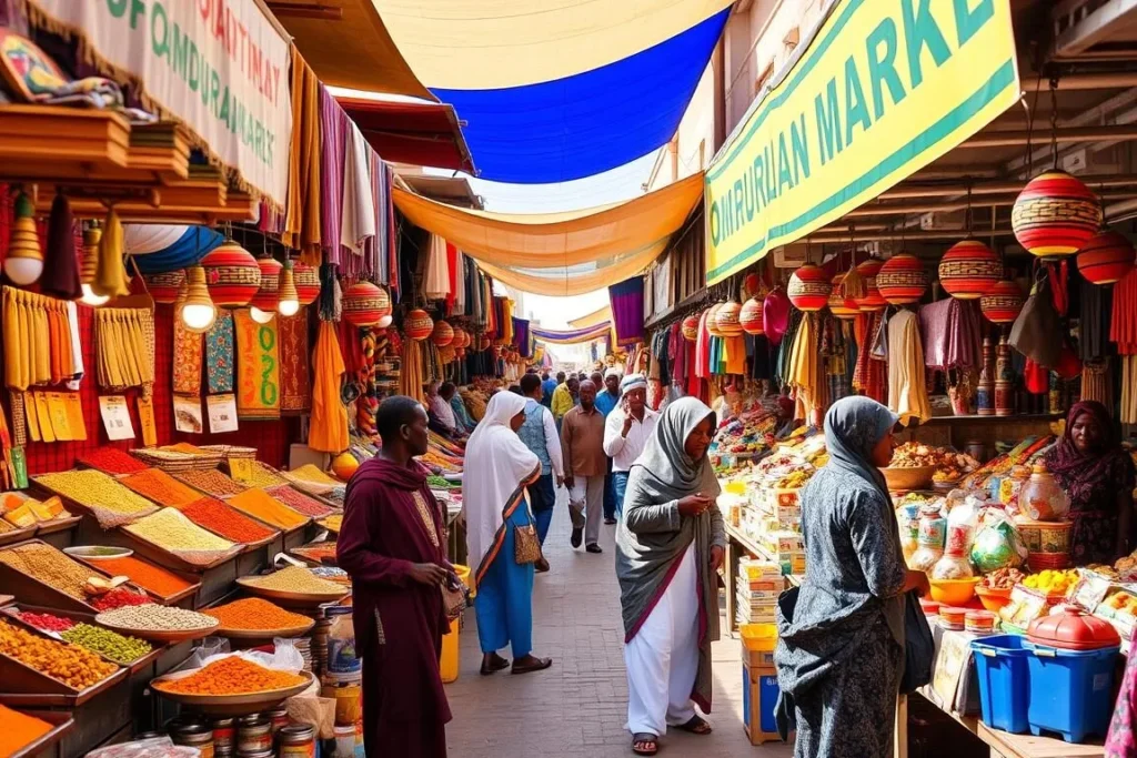 Colorful stalls at Omdurman Market in Khartoum, Sudan, with local vendors selling traditional goods