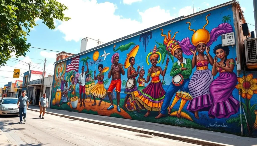 Colorful street art mural in Barranquilla depicting Caribbean cultural elements and local traditions Colorful street art mural in Barranquilla depicting Caribbean cultural elements and local traditions