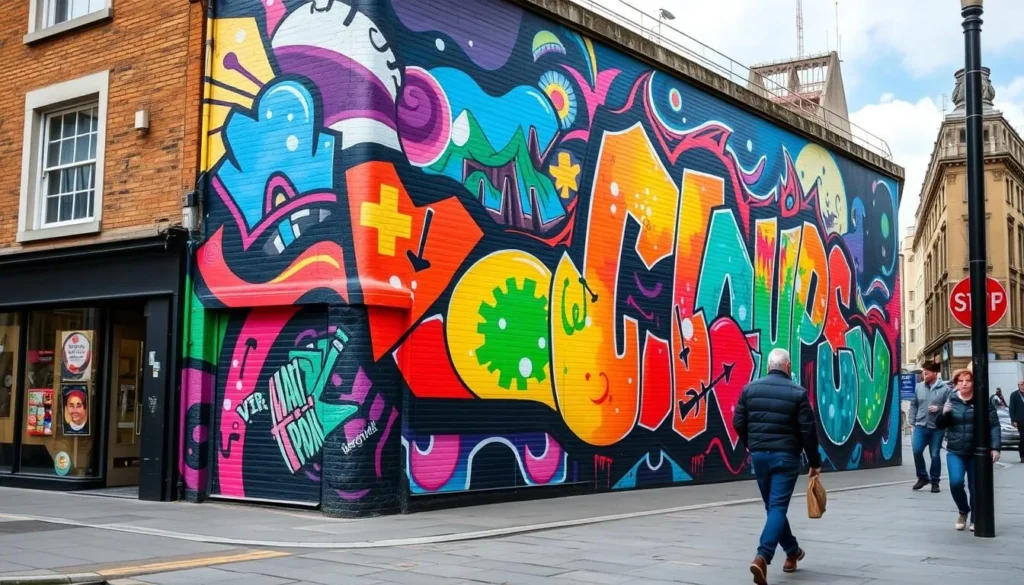 Colorful street art mural in Newcastle city center