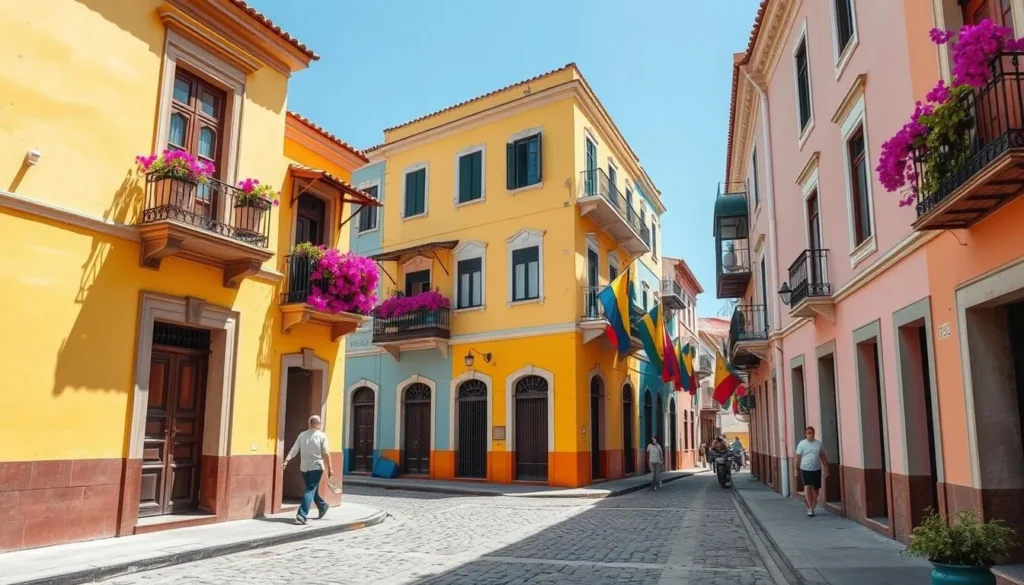 Colorful streets of Cartagena's Old Town with colonial buildings and flower-covered balconies Colorful streets of Cartagena's Old Town with colonial buildings and flower-covered balconies