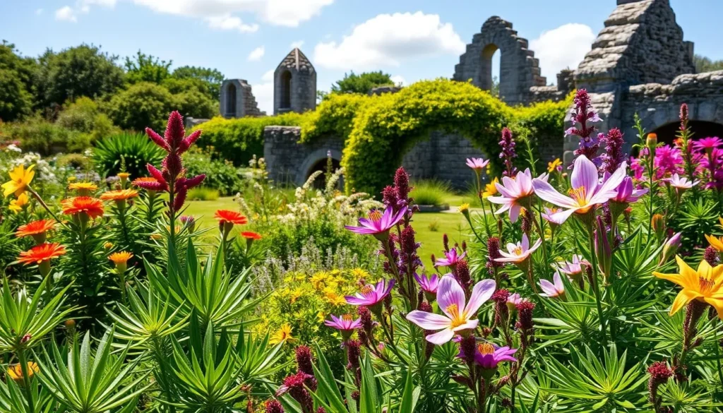 Colorful subtropical plants and flowers in Tresco Abbey Garden with ancient ruins in the background Colorful subtropical plants and flowers in Tresco Abbey Garden with ancient ruins in the background