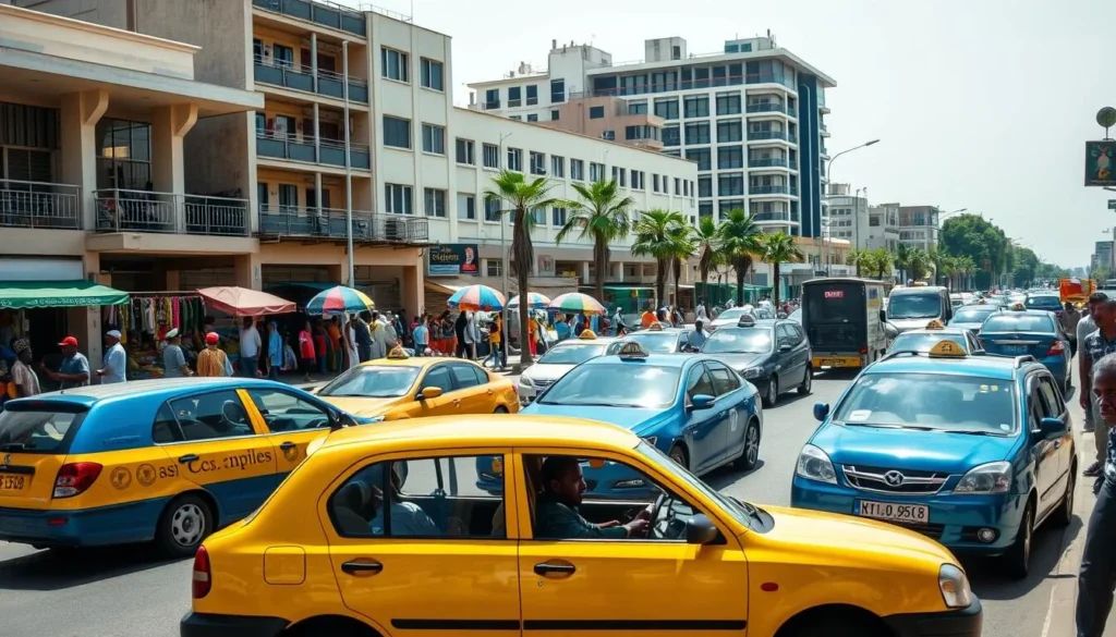 Colorful taxis and busy street scene in Dakar, Senegal Colorful taxis and busy street scene in Dakar, Senegal