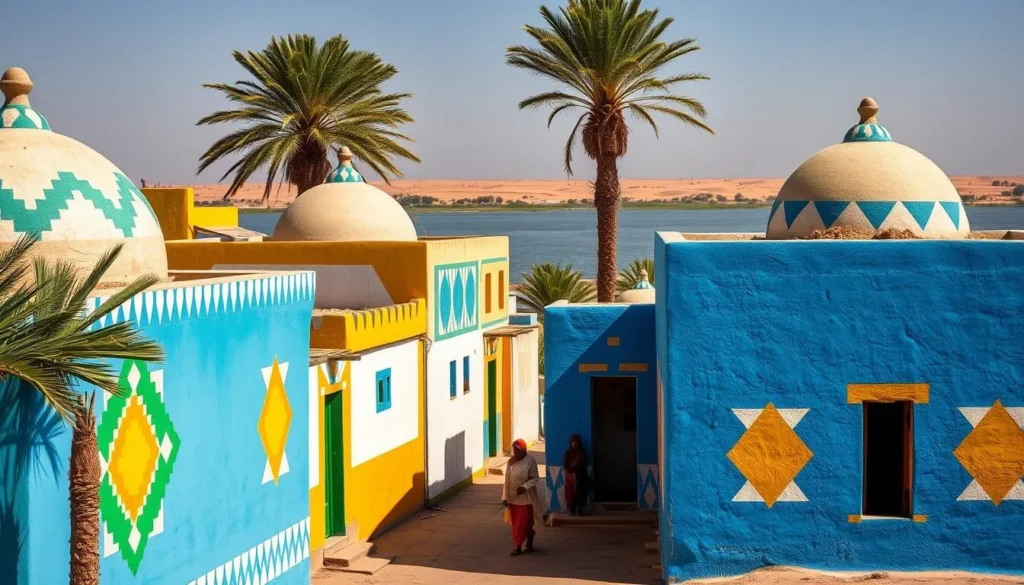 Colorful traditional Nubian houses in a village along the Nile in Sudan