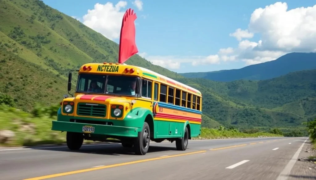 Colorful traditional chicken bus on a Nicaraguan road with mountains in the background