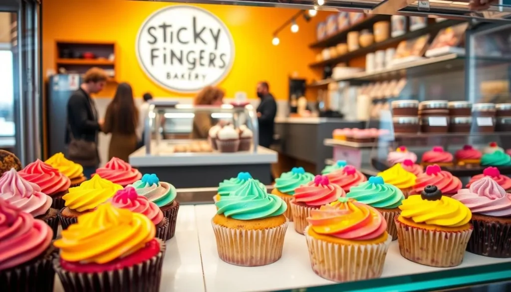 Colorful vegan cupcakes and pastries at Sticky Fingers Bakery in Washington DC Colorful vegan cupcakes and pastries at Sticky Fingers Bakery in Washington DC